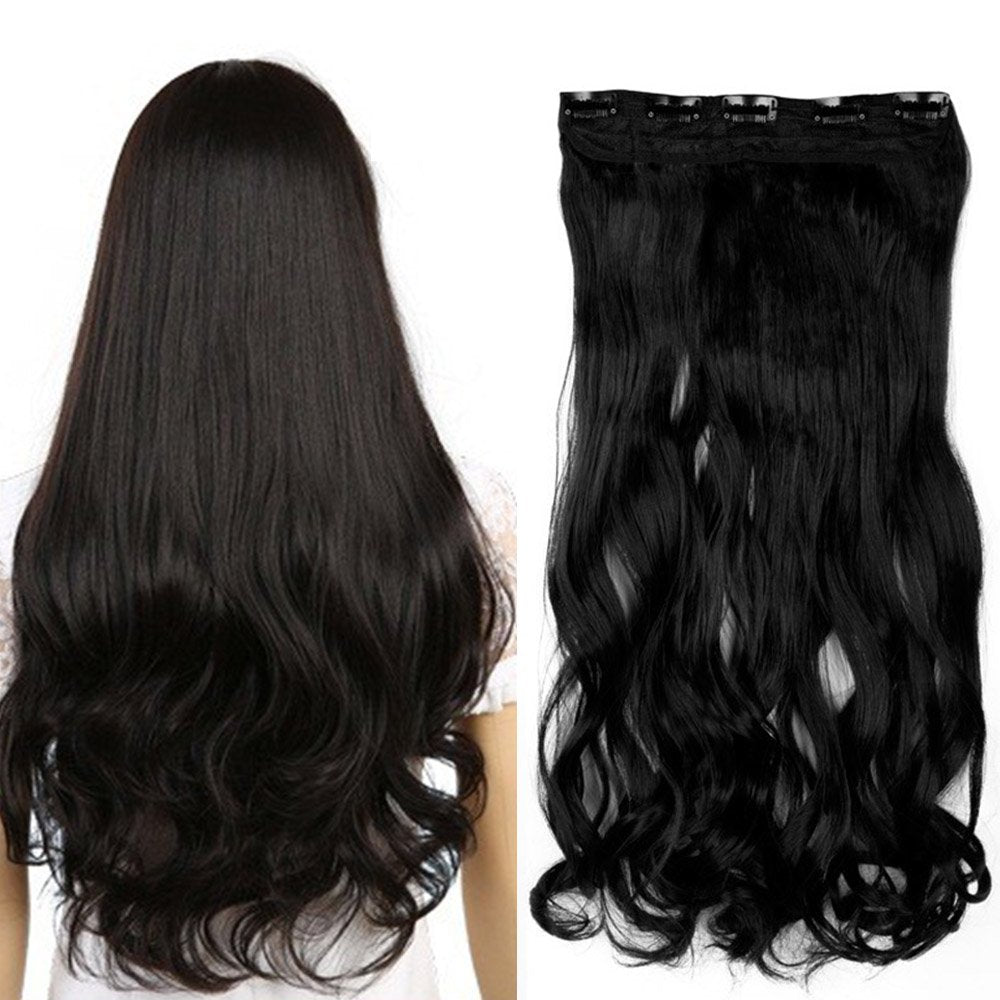 24 Inch One Piece Hair Extensions Clip In Curly Hairpieces Wavy 5 Clips - Dark Brown(60cm-120g)
