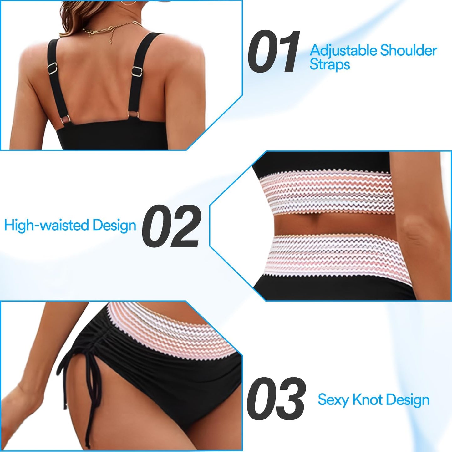 Women's High Waisted Bikini Set Tummy Control Swimwear with Adjustable Shoulder Straps 2 Piece Beach Holiday Swimming Costume for Pool Vacation Spa