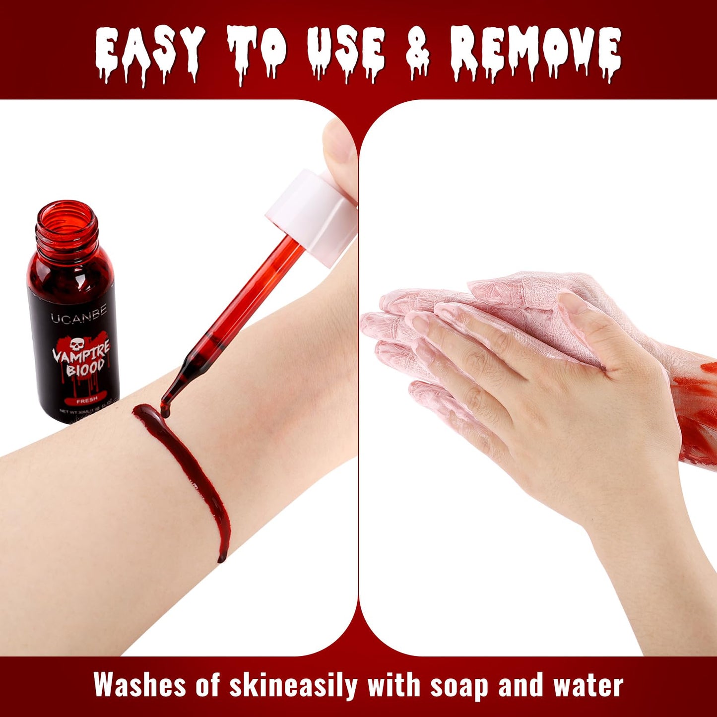 UCANBE Halloween Dripping Fake Blood Realistic Blood Drops Body Paint Washable Fake Blood Makeup Kit For Zombie Vampire Clown Monster Clothes Costume Cosplay SFX Special Effects Makeup 30ML(Dark)