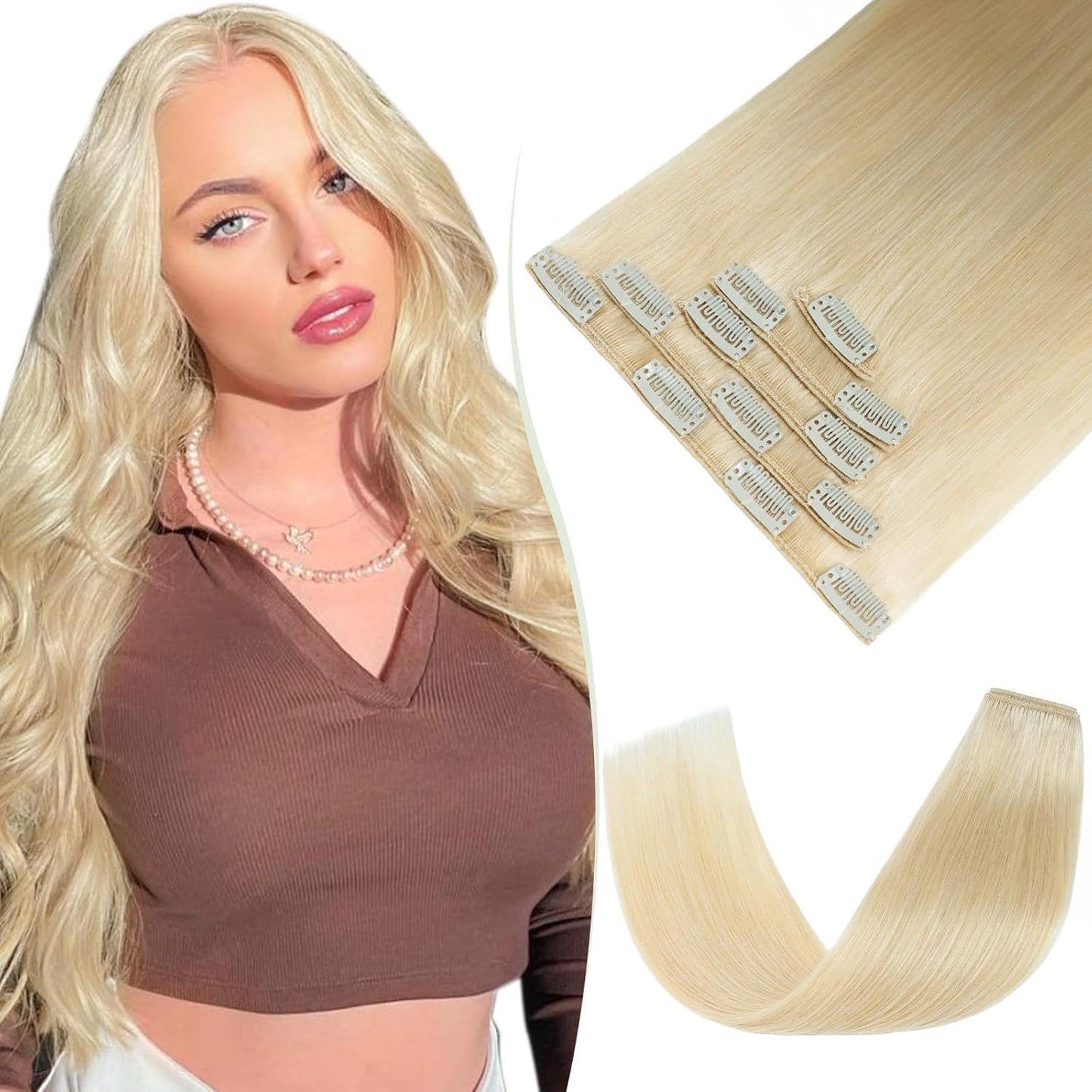 TESS Clip in Hair Extensions Real Human Hair Highlighted Remy Seamless 8 Pieces Straight Short for Women/Girls (#12P613 Golden Brown & Bleach Blonde, 10 Inch 50g)