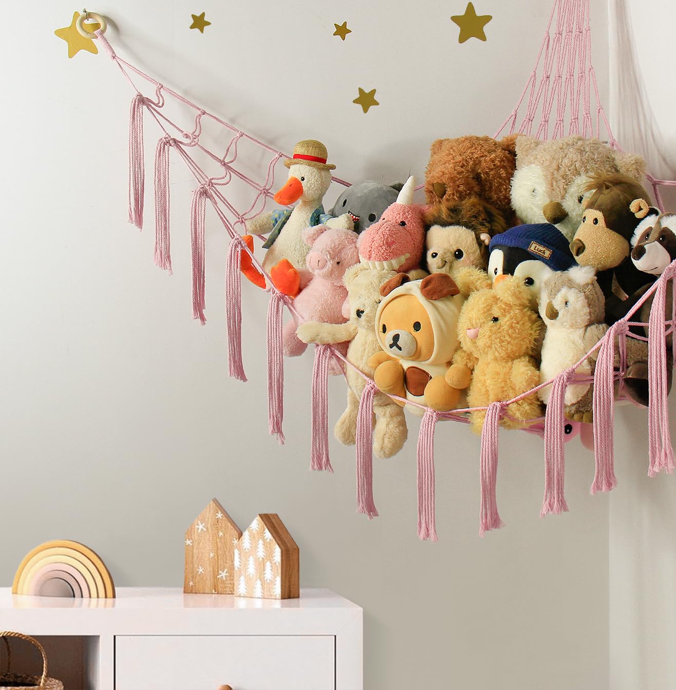 Stuffed Animal Storage Hammock - Baby Toy Hammock Net for Stuffed Animals Cute Room Decor -Large Stuff Animal Organizer Holder for Plush Plushie - Kids Nursery Beige Bedroom Home Decor