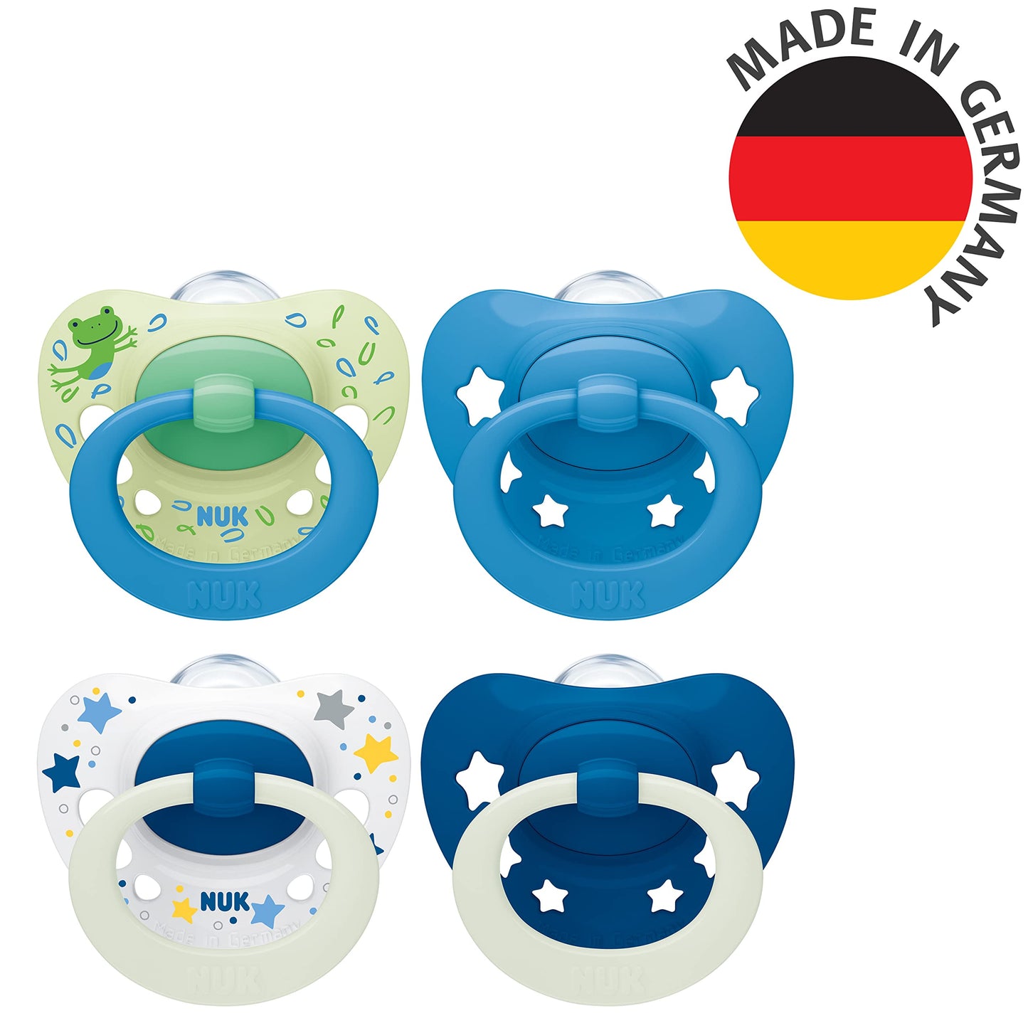 NUK Signature Day & Night Baby Dummy | 18-36 months | Soothes 95% of Babies | Heart-Shaped BPA-Free Silicone Soothers | Glow-in-the-Dark | Stars | 4 Count