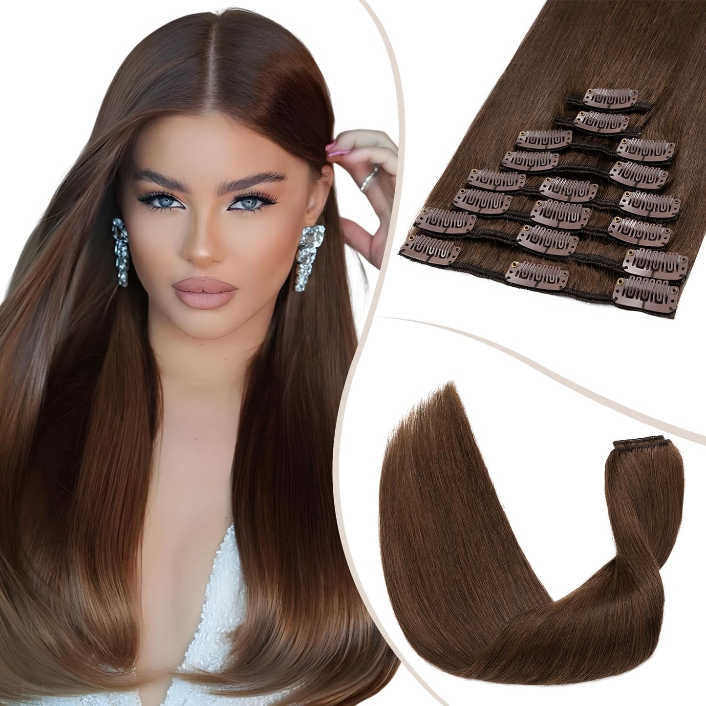 TESS Clip in Hair Extensions Real Human Hair Highlighted Remy Seamless 8 Pieces Straight Short for Women/Girls (#12P613 Golden Brown & Bleach Blonde, 10 Inch 50g)