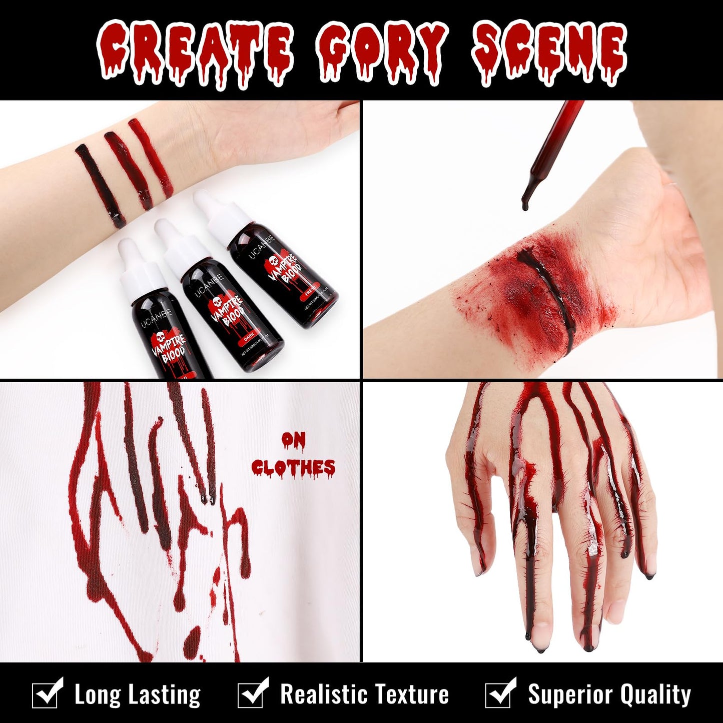 UCANBE Halloween Dripping Fake Blood Realistic Blood Drops Body Paint Washable Fake Blood Makeup Kit For Zombie Vampire Clown Monster Clothes Costume Cosplay SFX Special Effects Makeup 30ML(Dark)