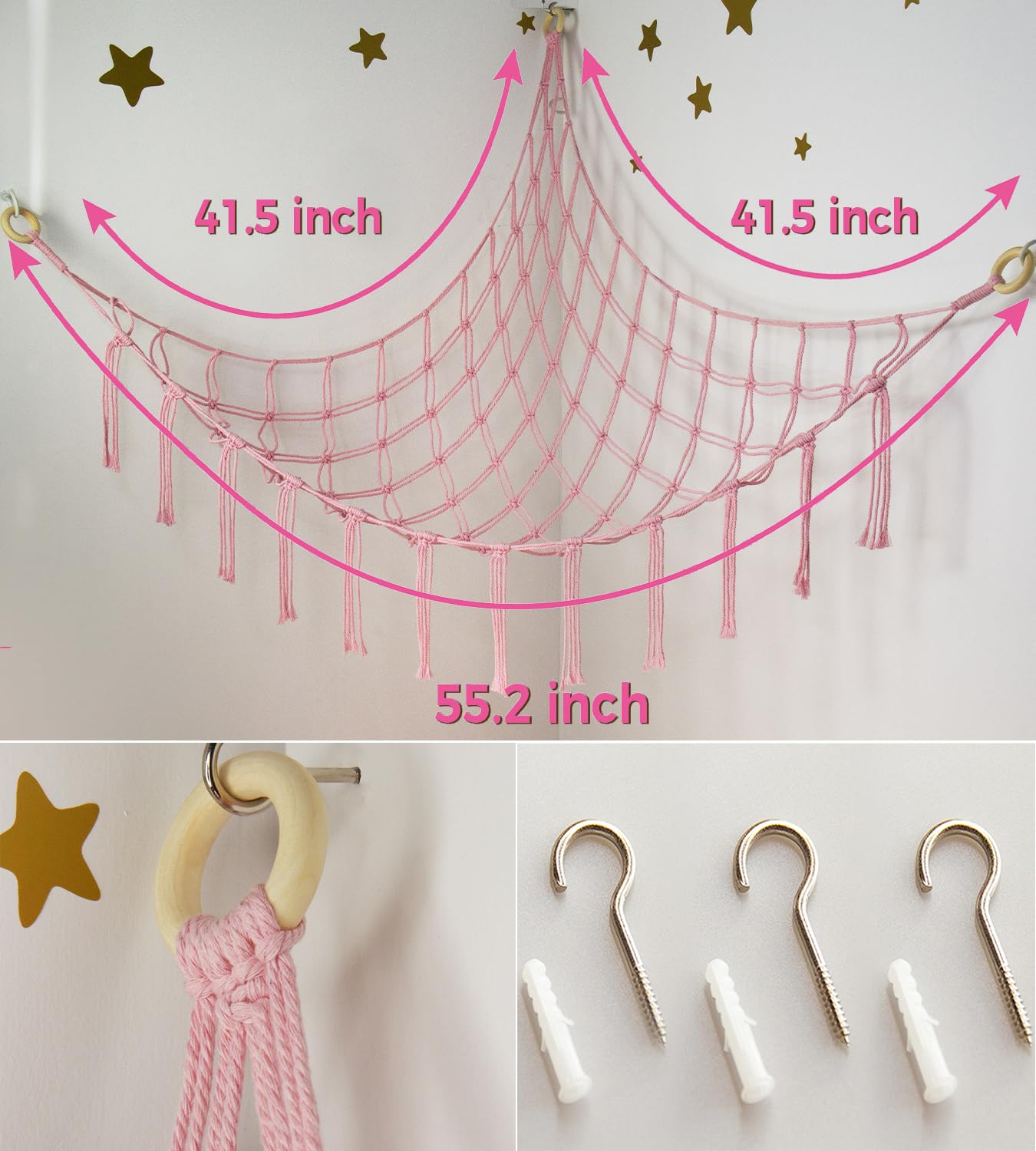 Stuffed Animal Storage Hammock - Baby Toy Hammock Net for Stuffed Animals Cute Room Decor -Large Stuff Animal Organizer Holder for Plush Plushie - Kids Nursery Beige Bedroom Home Decor