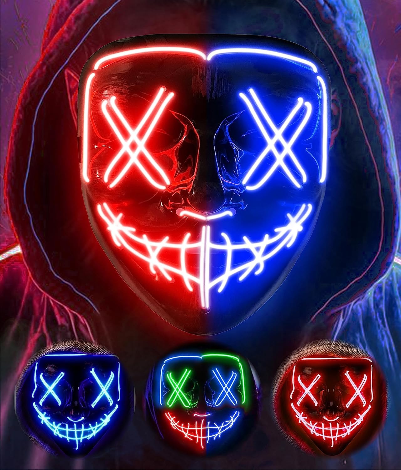 AnanBros Scary LED Halloween Mask, Light up Mask Cosplay, LED Rave Face Mask Costume 3 Lighting Modes, Halloween Face Masks for Men Women Kids