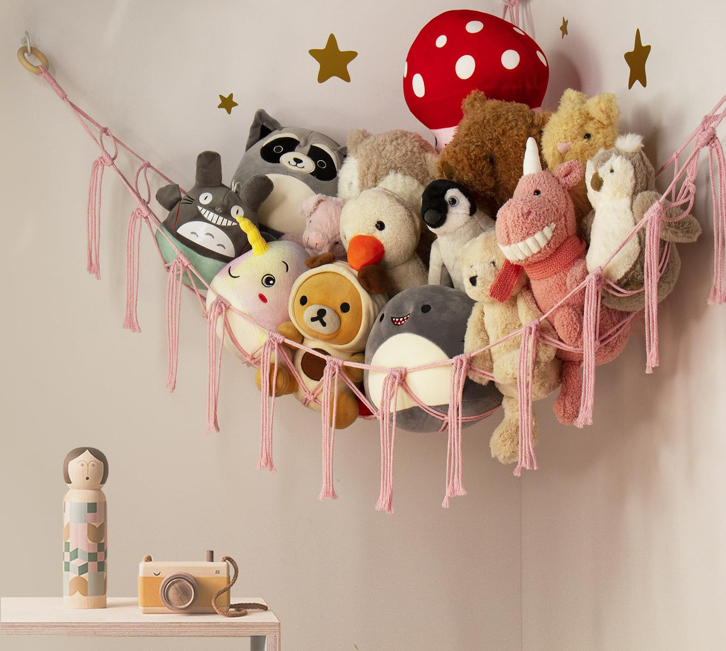 Stuffed Animal Storage Hammock - Baby Toy Hammock Net for Stuffed Animals Cute Room Decor -Large Stuff Animal Organizer Holder for Plush Plushie - Kids Nursery Beige Bedroom Home Decor