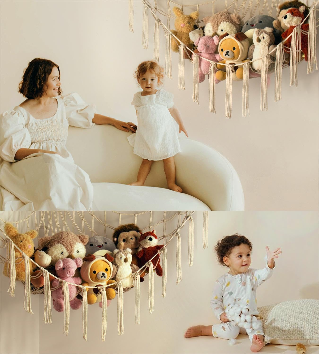 Stuffed Animal Storage Hammock - Baby Toy Hammock Net for Stuffed Animals Cute Room Decor -Large Stuff Animal Organizer Holder for Plush Plushie - Kids Nursery Beige Bedroom Home Decor