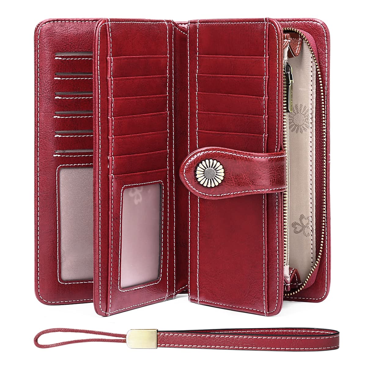 SENDEFN Genuine Leather Purses for Women, RFID Large Ladies Purse, Wallet for Women with Wrist Strap