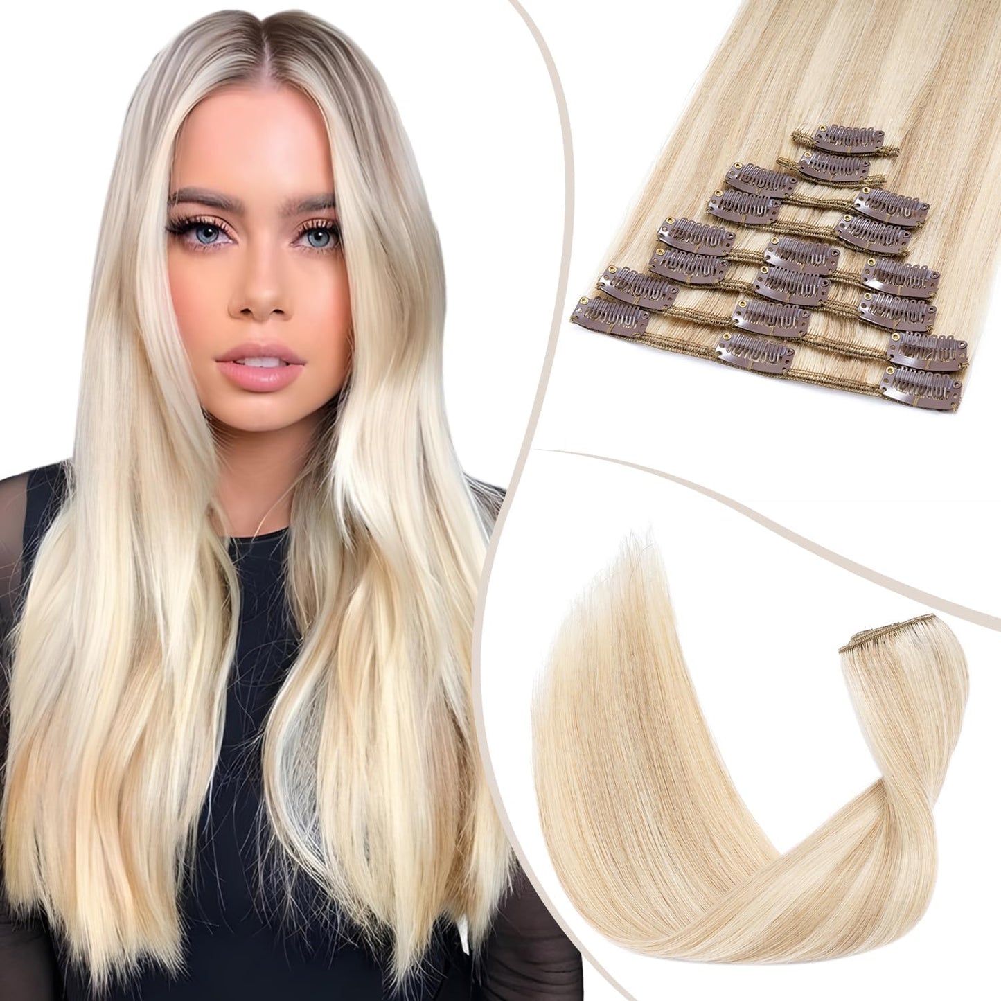 TESS Clip in Hair Extensions Real Human Hair Highlighted Remy Seamless 8 Pieces Straight Short for Women/Girls (#12P613 Golden Brown & Bleach Blonde, 10 Inch 50g)