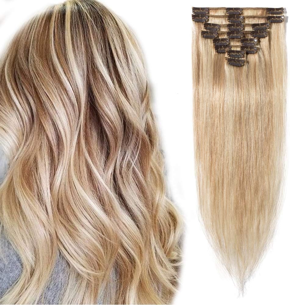 Elailite Clip in Hair Extensions Real Human Hair - 100% Remy Hair Straight 8 Pcs Thin Weft (#12/613 Golden Brown Mix Bleach Blonde, 10 Inch (50 g))
