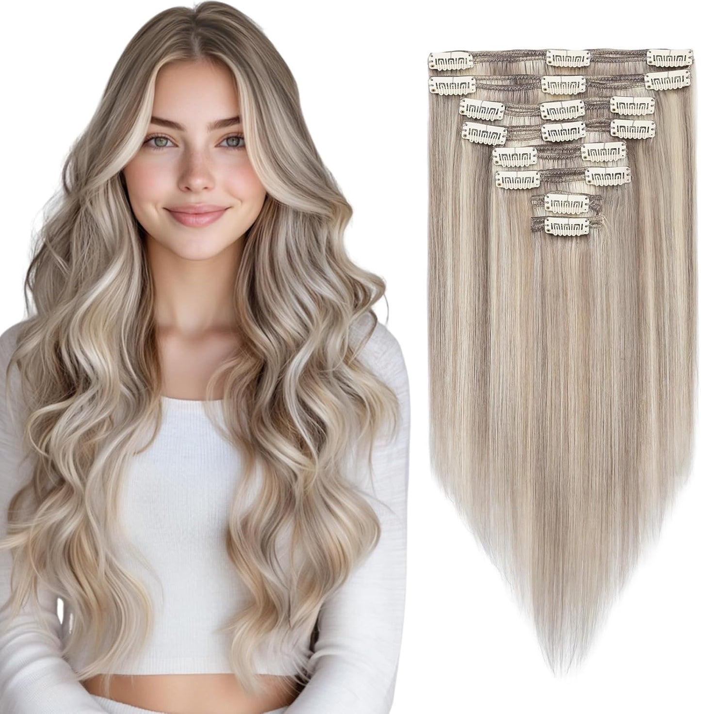 Elailite Clip in Hair Extensions Real Human Hair - 100% Remy Hair Straight 8 Pcs Thin Weft (#12/613 Golden Brown Mix Bleach Blonde, 10 Inch (50 g))