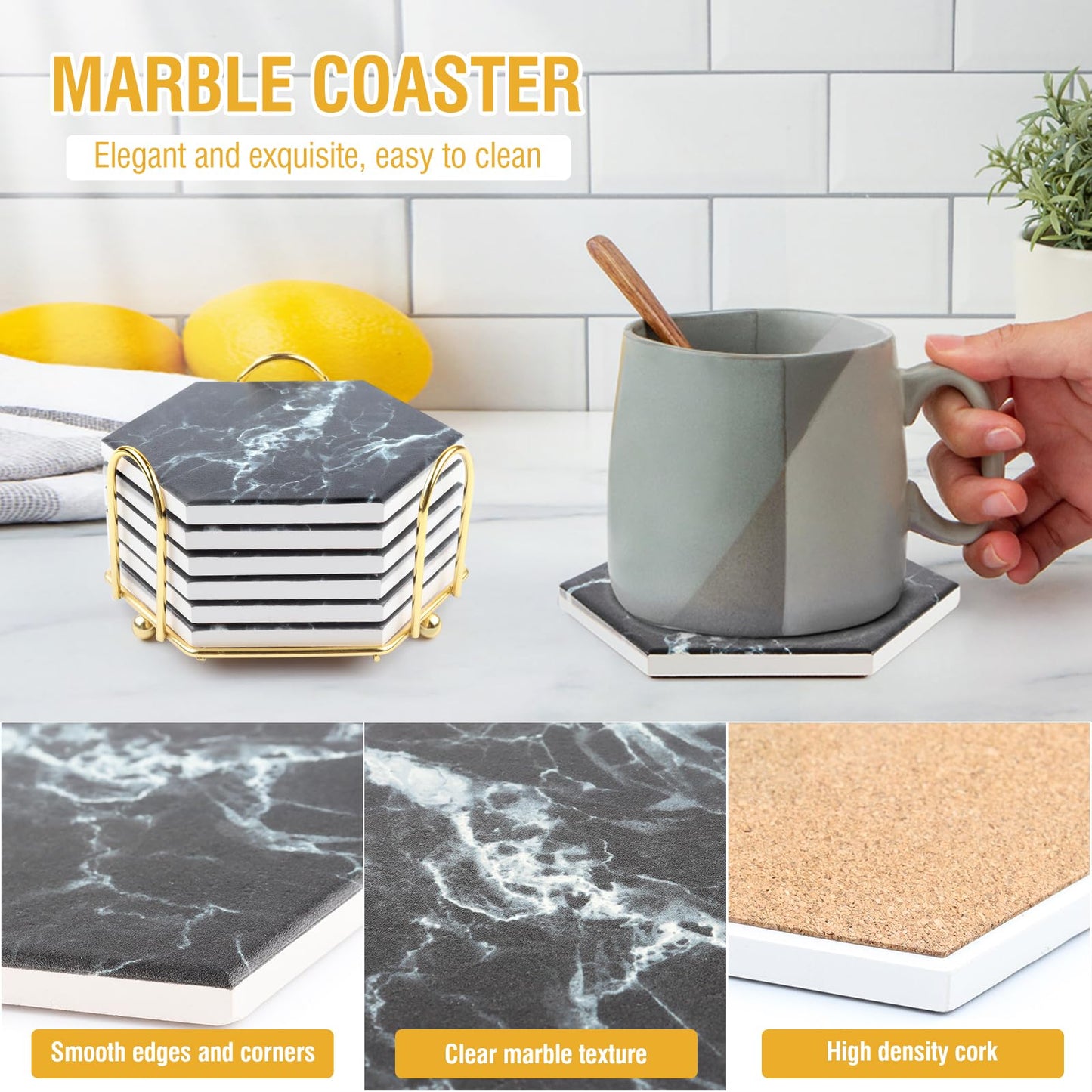 Marble Coasters for Drinks Absorbent with Cork Base, 8pcs Drink Coasters for Wooden Table with Metal Holder, Gold Ceramic Cup Coaster Set Rustic Home Decor for Living Room Bar Housewarming Gifts 4 ''
