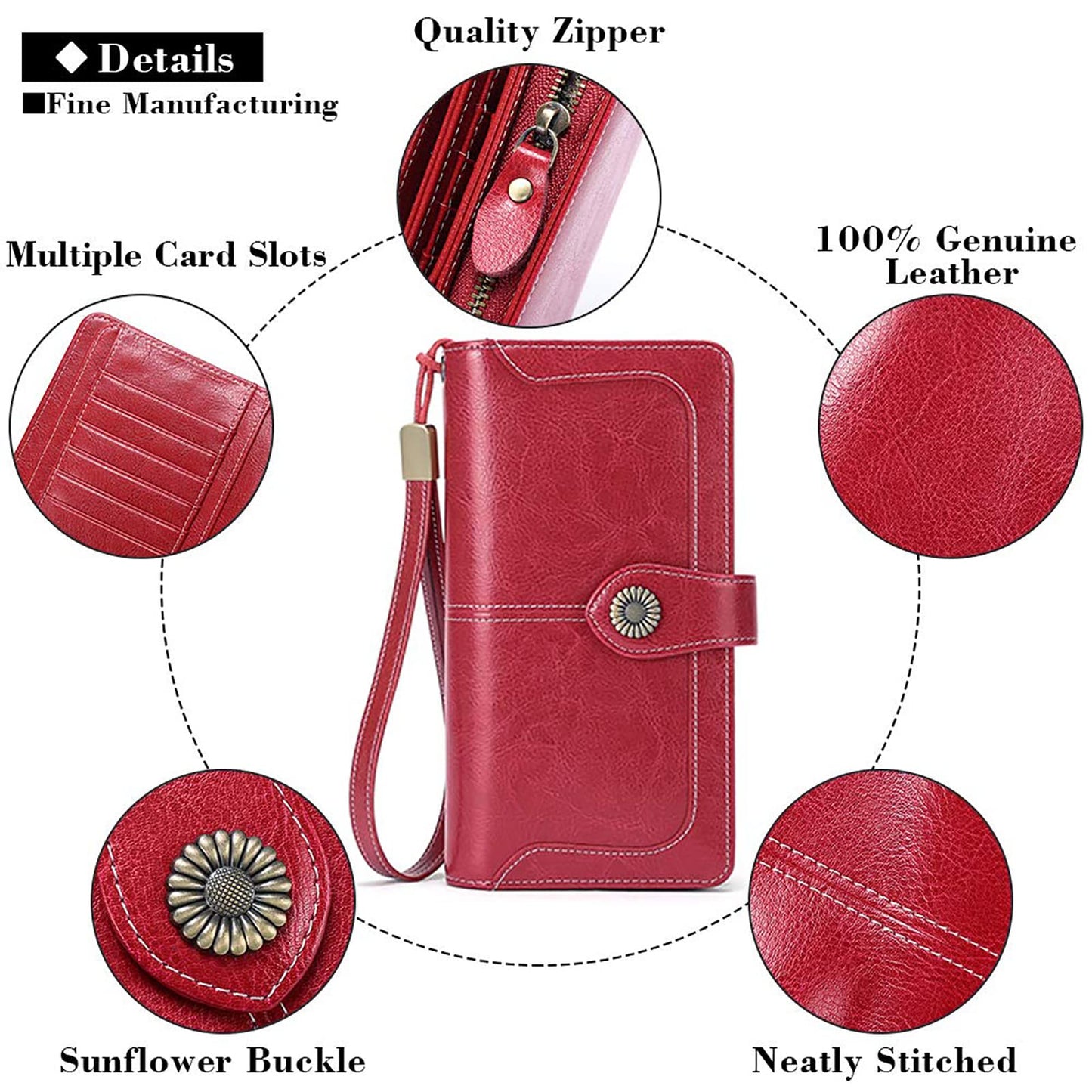 SENDEFN Genuine Leather Purses for Women, RFID Large Ladies Purse, Wallet for Women with Wrist Strap