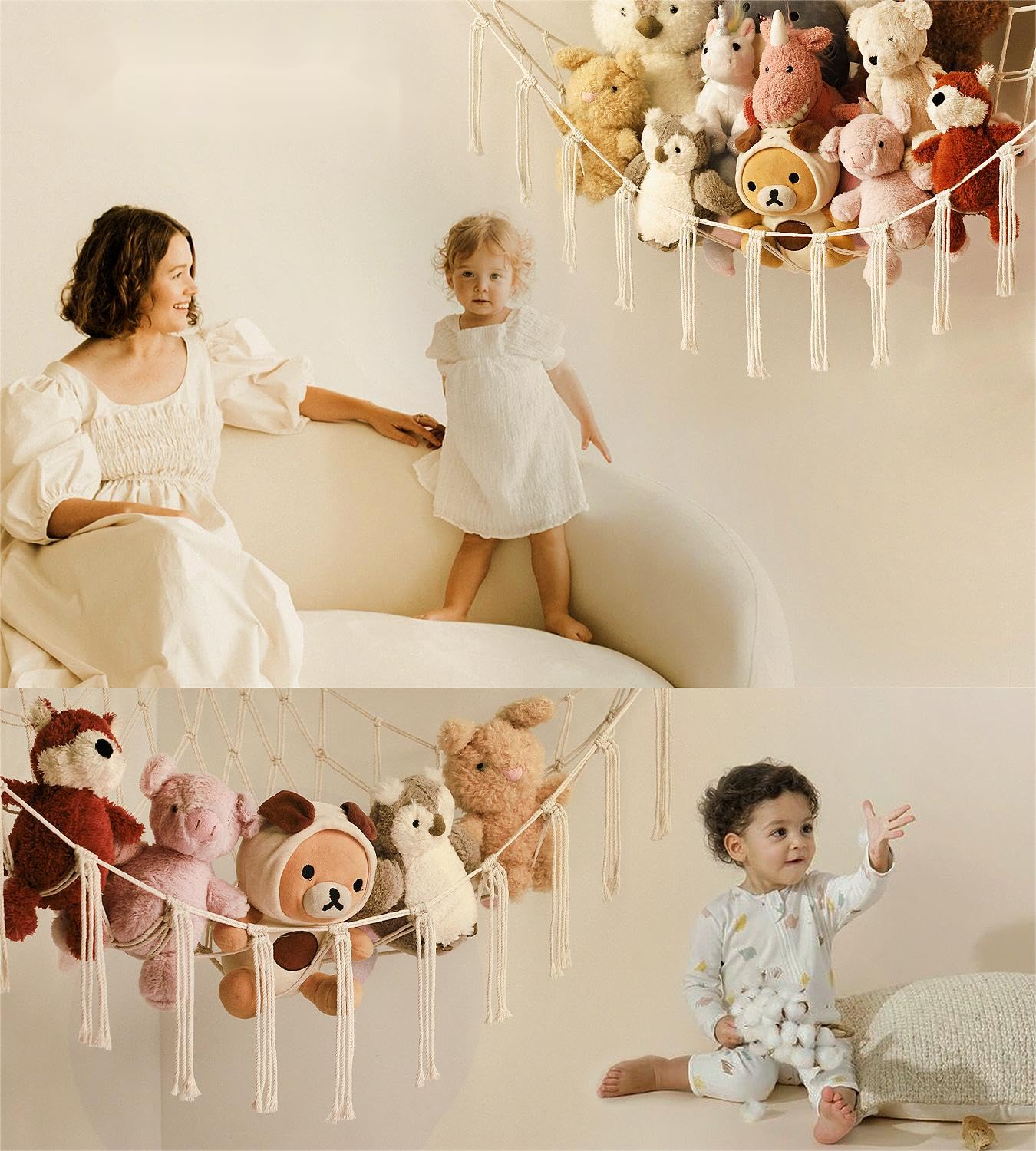 Stuffed Animal Storage Hammock - Baby Toy Hammock Net for Stuffed Animals Cute Room Decor -Large Stuff Animal Organizer Holder for Plush Plushie - Kids Nursery Beige Bedroom Home Decor