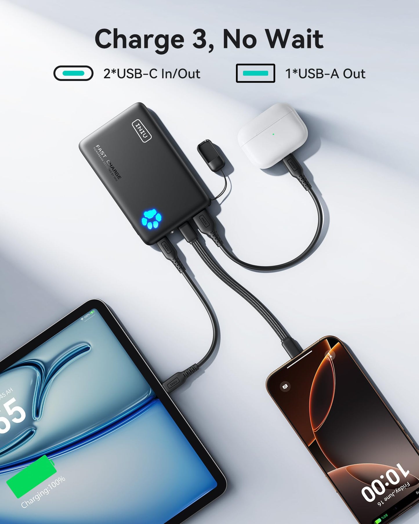 INIU Power Bank, Portable Charger 10000mAh Slimmest & Lightest High-Speed USB C Input & Output, PowerBank Triple 3A Phone Battery Pack for iPhone 16 15 14 13 Plus Pro Max Mini Samsung Xiaomi iPad