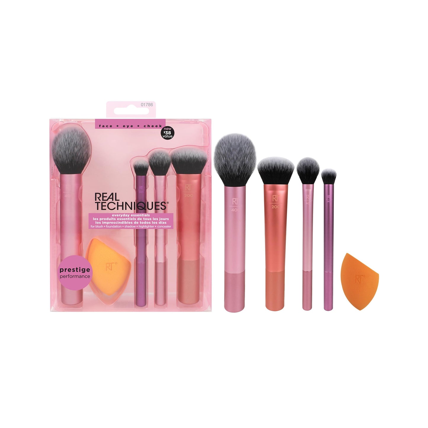 REAL TECHNIQUES,5 Count (Pack of 1) Everyday Essentials Makeup Brush Complete Face Set (Miracle Complexion Sponge, Expert Face, Blush, Setting and Deluxe Crease Brushes)