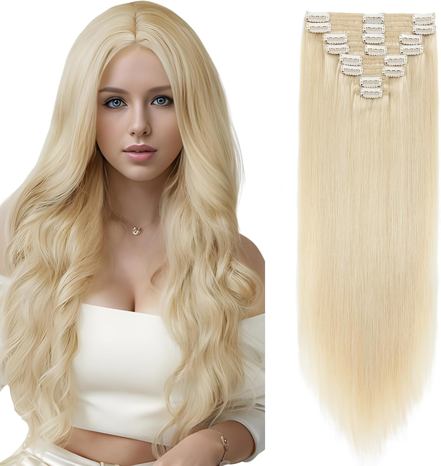 Elailite Clip in Hair Extensions Real Human Hair - 100% Remy Hair Straight 8 Pcs Thin Weft (#12/613 Golden Brown Mix Bleach Blonde, 10 Inch (50 g))