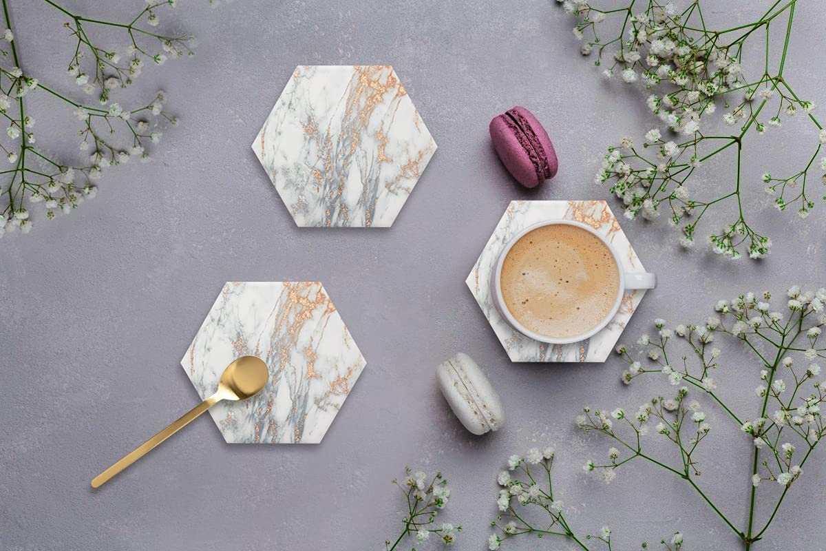 Marble Coasters for Drinks Absorbent with Cork Base, 8pcs Drink Coasters for Wooden Table with Metal Holder, Gold Ceramic Cup Coaster Set Rustic Home Decor for Living Room Bar Housewarming Gifts 4 ''