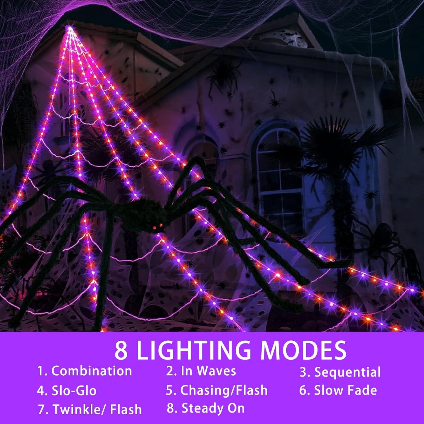 Halloween Decorations, 16.4FT Diameter Spider Web Lights with Black 4FT Spider, 250 LED Waterproof Net Lights, Remote Control, 8 Modes Cobweb for Yard House Garden Outdoor Indoor Party Haunted Decor