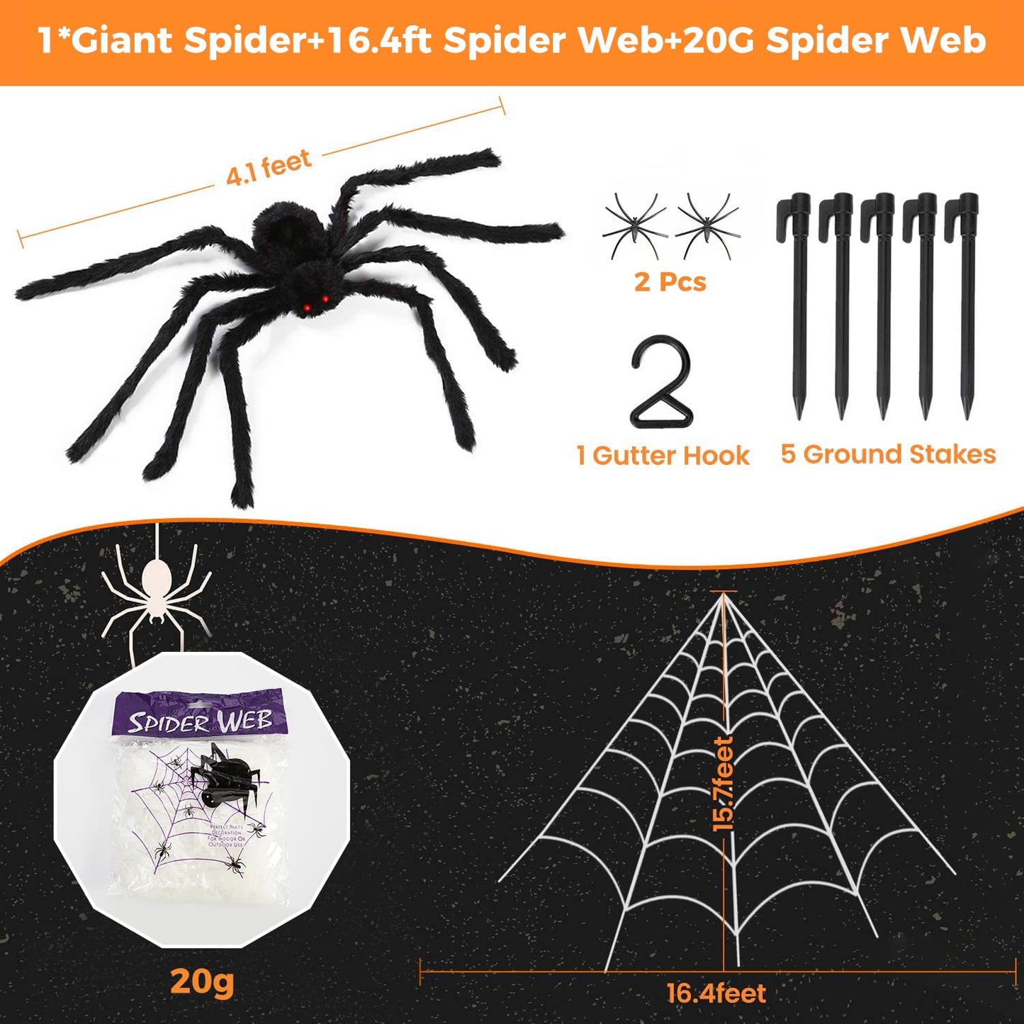 Halloween Decorations Spider Web, 50'' Giant Spider + 200'' Triangular Giant Spider Web and 20G Spider Web, Halloween Spider for Indoor Outdoor Scary Haunted House Spider Web Party Halloween Yard