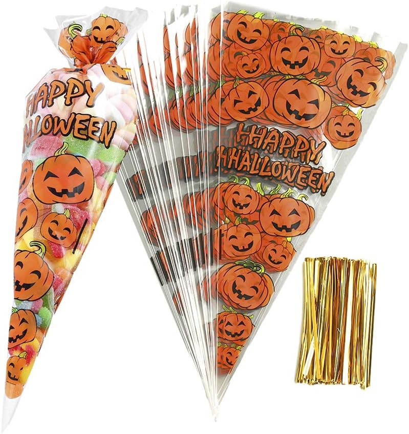 RFWIN 100Pcs Pumpkin Cone Bag Halloween Clear Cellophane Treat Bags Party Favor Bags with Gold Twist Ties for Candy Cookies