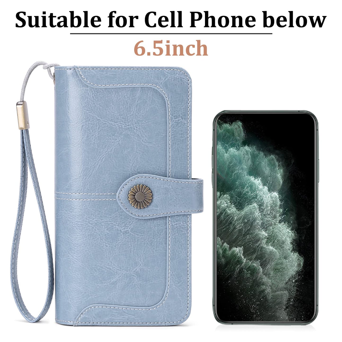 SENDEFN Genuine Leather Purses for Women, RFID Large Ladies Purse, Wallet for Women with Wrist Strap