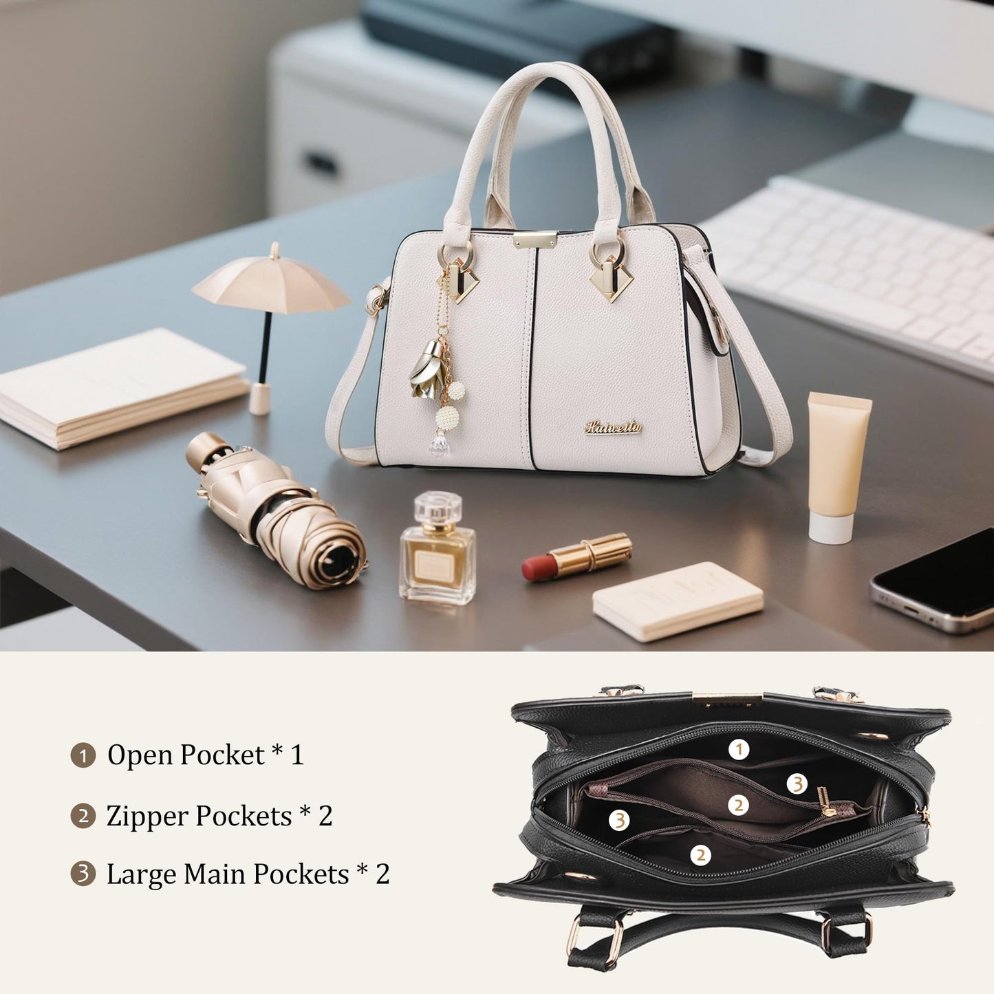 FORRICA Handbags for Women Elegant Pendant Ladies Shoulder Bags Top Handle Crossbody Bag PU Leather for Shopping Work Dating Black B