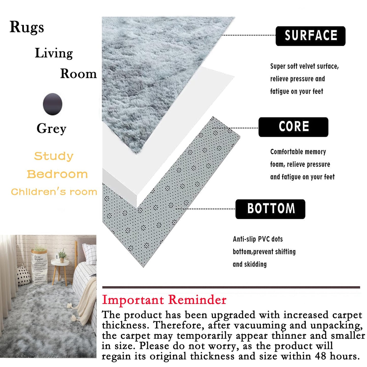 GJWLaie Rugs Living Room Grey Area Rugs for Bedroom Anti Silp Soft Shaggy Tie-Dye Plush Fluffy Living Room Rug Indoor Home Kidsroom Decor Carpet(Grey 120 * 160cm)