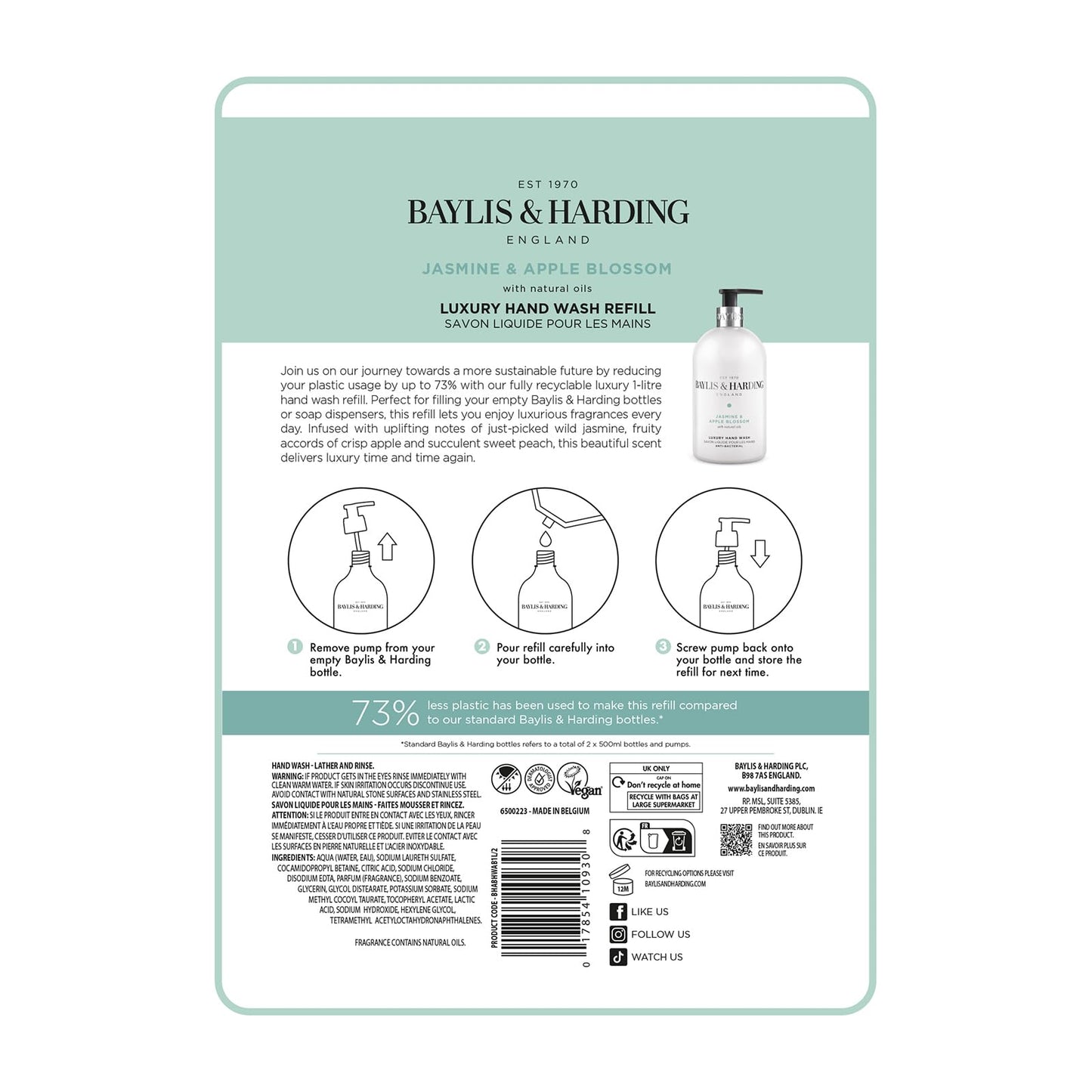 Baylis & Harding Jasmine and Apple Blossom Anti-Bacterial Hand Wash, 500 ml (Pack of 3) - Vegan Friendly