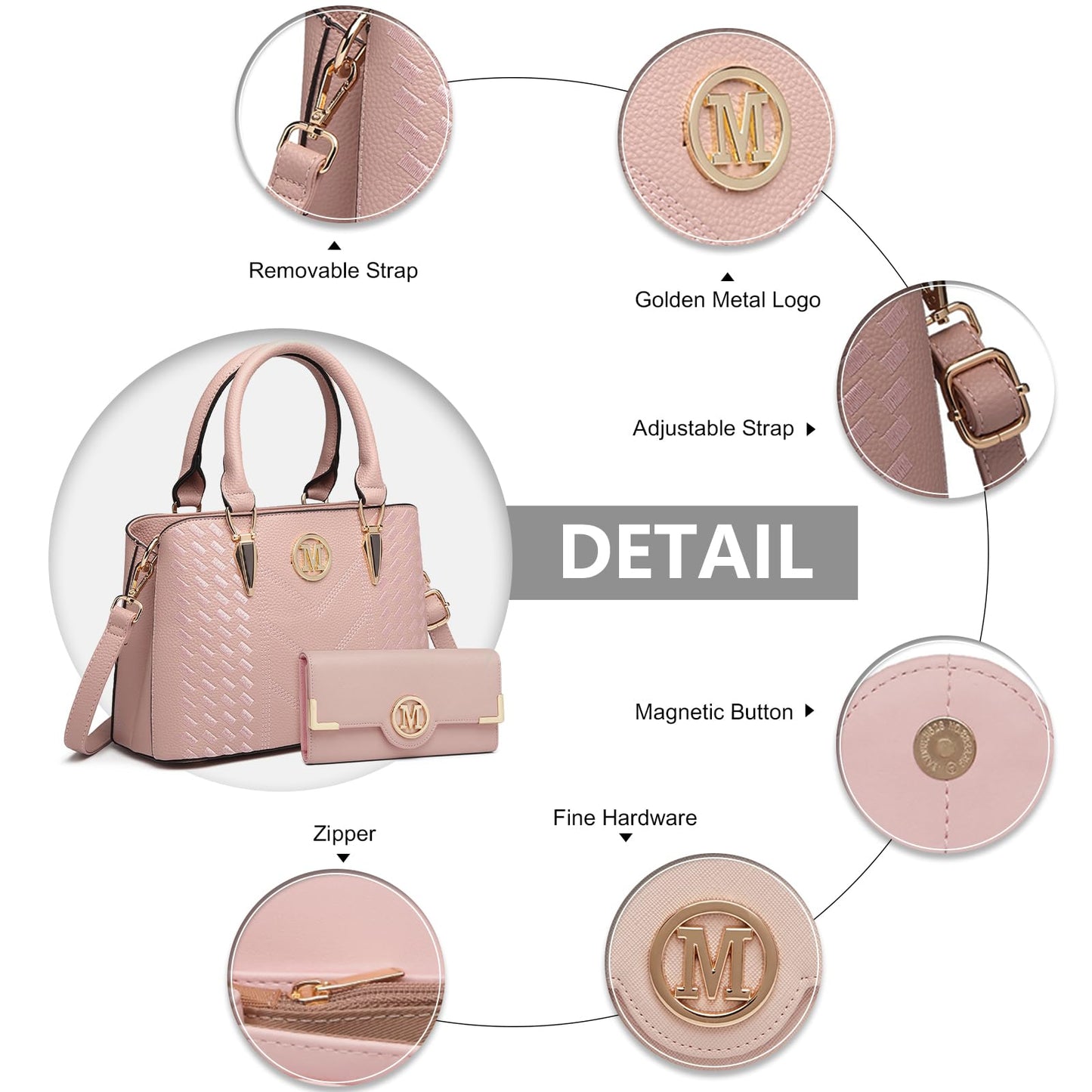 Miss Lulu Handbag for Women, Woven and Chevron Pattern, M Logo on The Front, Top Handle or Shoulder Bag