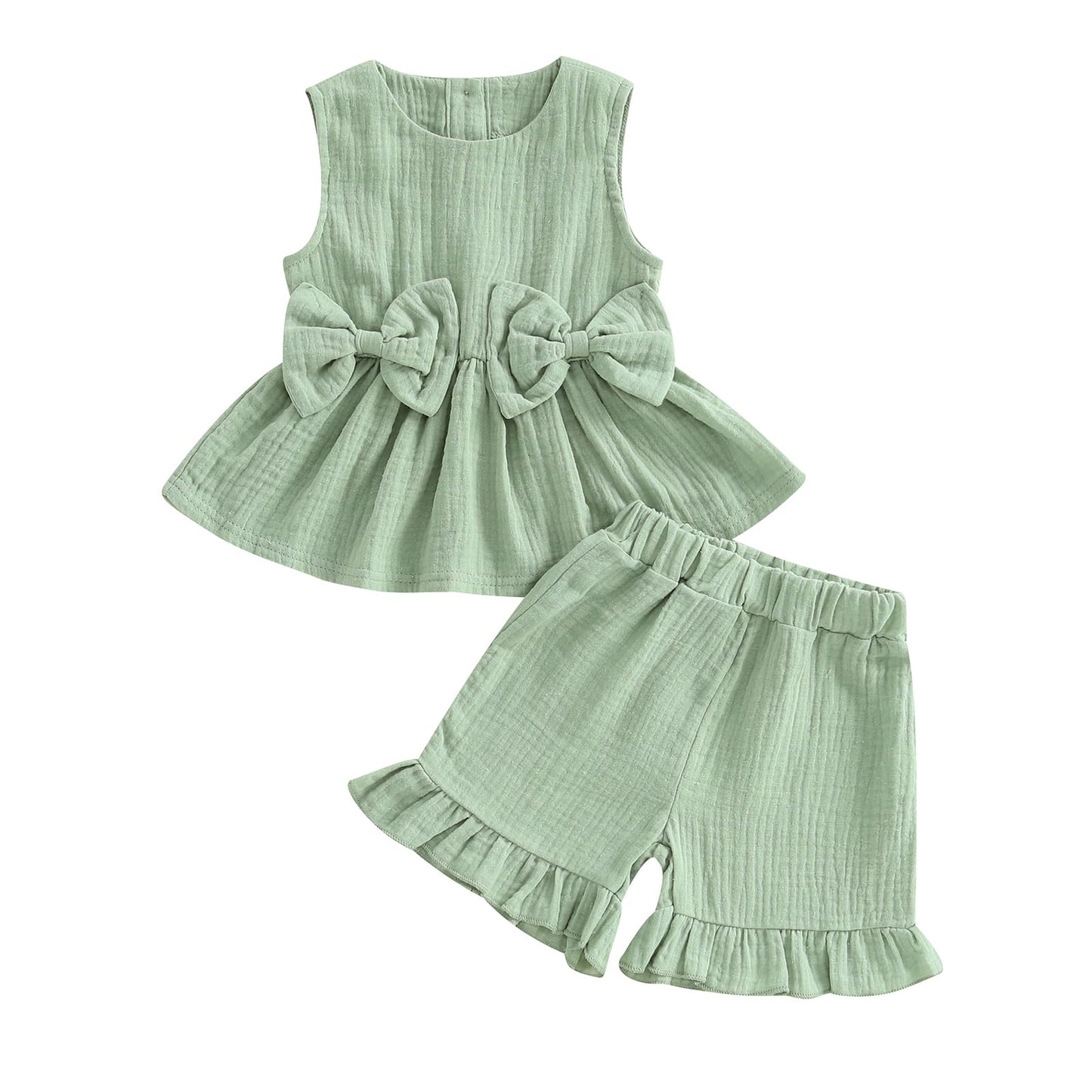 YILEEGOO Toddler Baby Girl Summer Outfits Cotton Baby Clothes Ribbed Sleeveless Bow Ruffled Tank Vest Shirt Tops with Shorts Set