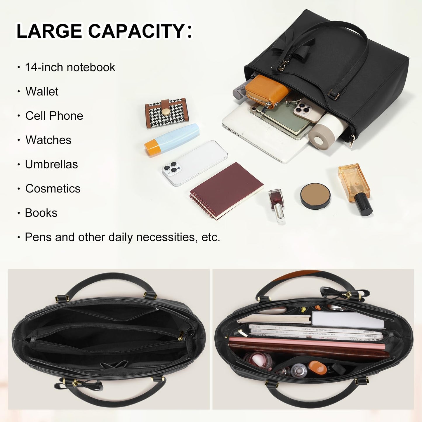 KTMOUW Handbags for Women Large Capacity PU Leather Tote Bags for Women with Zip, Shoulder Bag Ladies Handbag Tote Bag for School Work Travel Shopping Black