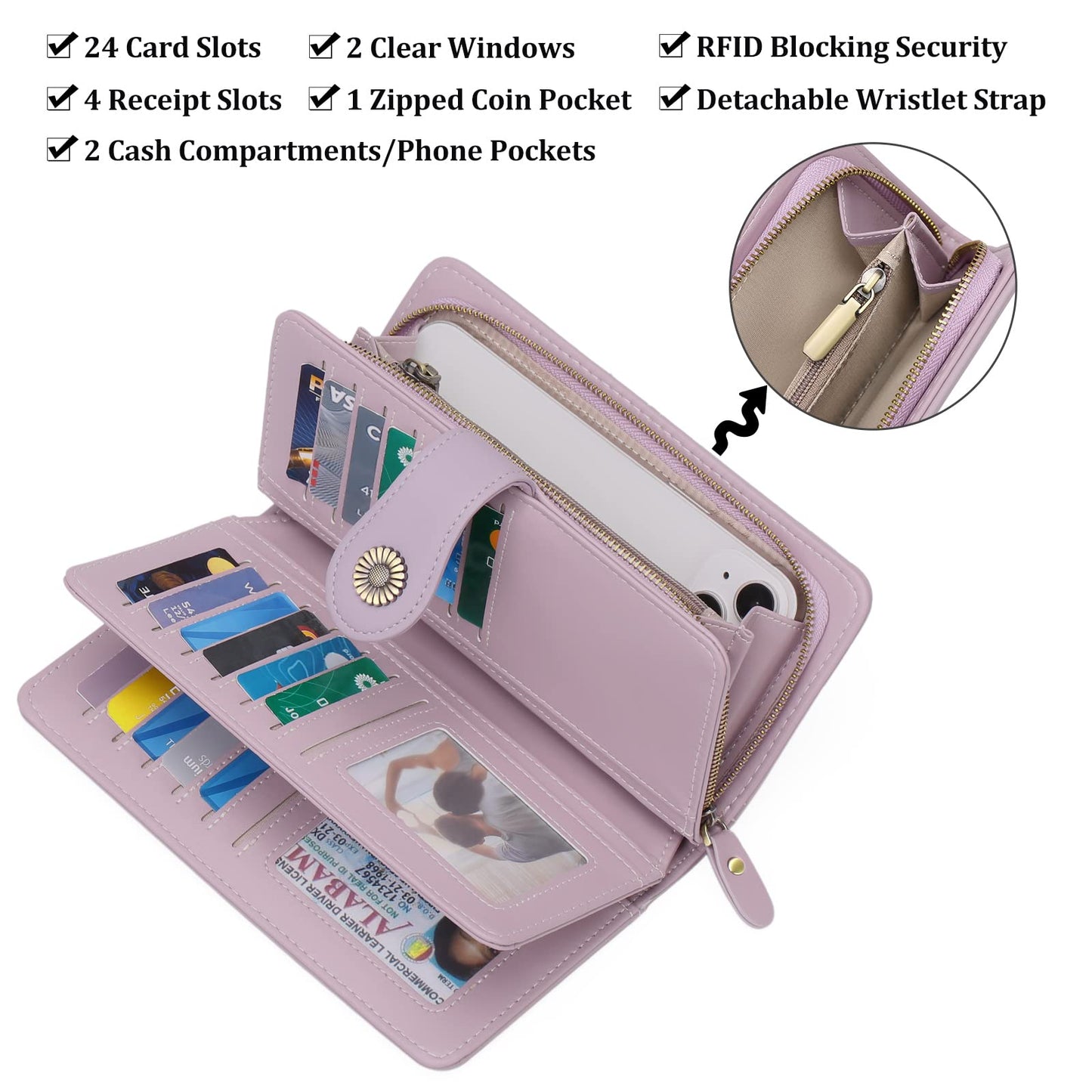 SENDEFN Genuine Leather Purses for Women, RFID Large Ladies Purse, Wallet for Women with Wrist Strap