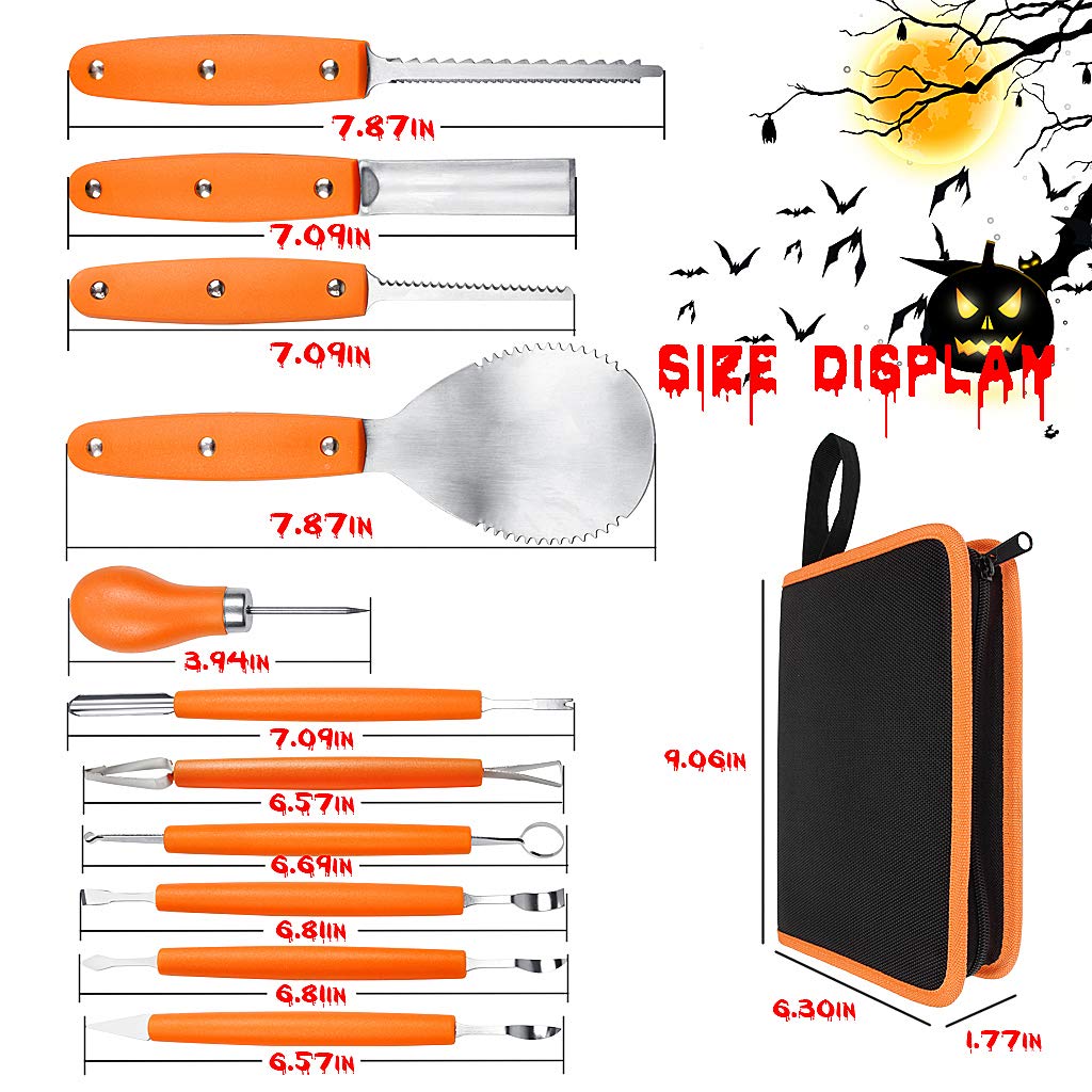 OWUDE Professional Pumpkin Carving Kit, 11 Pieces Heavy Duty Stainless Steel Carving Tools for Halloween with Carrying Case and 10 Pcs Carving Templates-Black