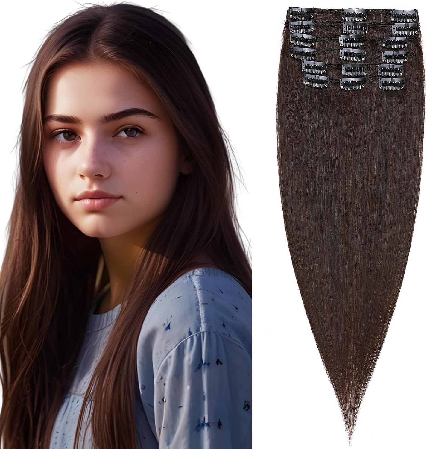 Elailite Clip in Hair Extensions Real Human Hair - 100% Remy Hair Straight 8 Pcs Thin Weft (#12/613 Golden Brown Mix Bleach Blonde, 10 Inch (50 g))
