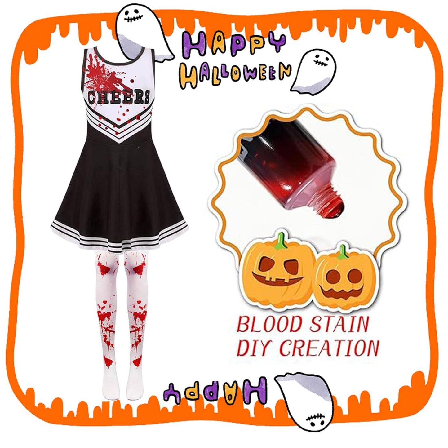 9PCS 130 yards/140 yards Cheerleader Outfit, Zombie Costume Cheerleader, Zombie Fancy Dress Outfit for Girls Girls' Cheerleader Uniform Outfits Womens Costume Cheerleader Costume Dress Outfit Kids