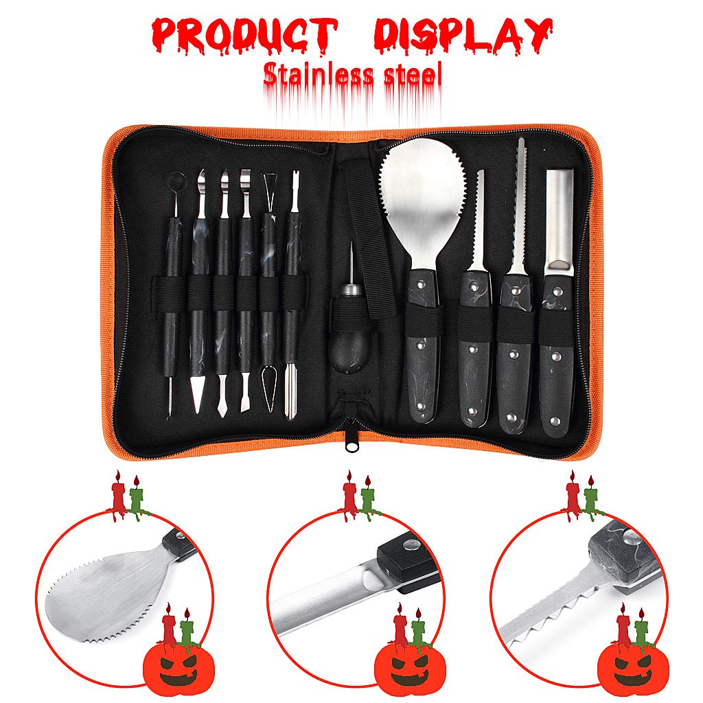OWUDE Professional Pumpkin Carving Kit, 11 Pieces Heavy Duty Stainless Steel Carving Tools for Halloween with Carrying Case and 10 Pcs Carving Templates-Black