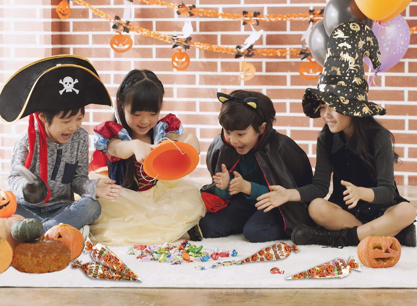 RFWIN 100Pcs Pumpkin Cone Bag Halloween Clear Cellophane Treat Bags Party Favor Bags with Gold Twist Ties for Candy Cookies