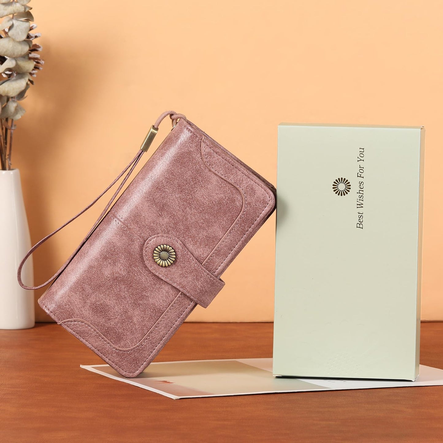 SENDEFN Genuine Leather Purses for Women, RFID Large Ladies Purse, Wallet for Women with Wrist Strap
