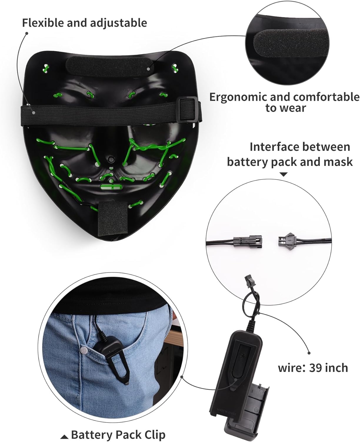 AnanBros Scary LED Halloween Mask, Light up Mask Cosplay, LED Rave Face Mask Costume 3 Lighting Modes, Halloween Face Masks for Men Women Kids