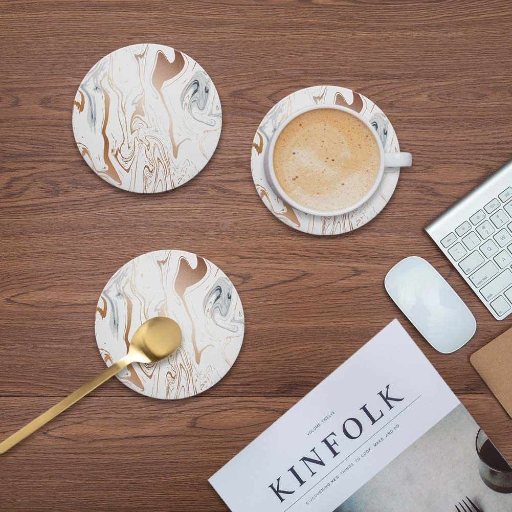 Marble Coasters for Drinks Absorbent with Cork Base, 8pcs Drink Coasters for Wooden Table with Metal Holder, Gold Ceramic Cup Coaster Set Rustic Home Decor for Living Room Bar Housewarming Gifts 4 ''