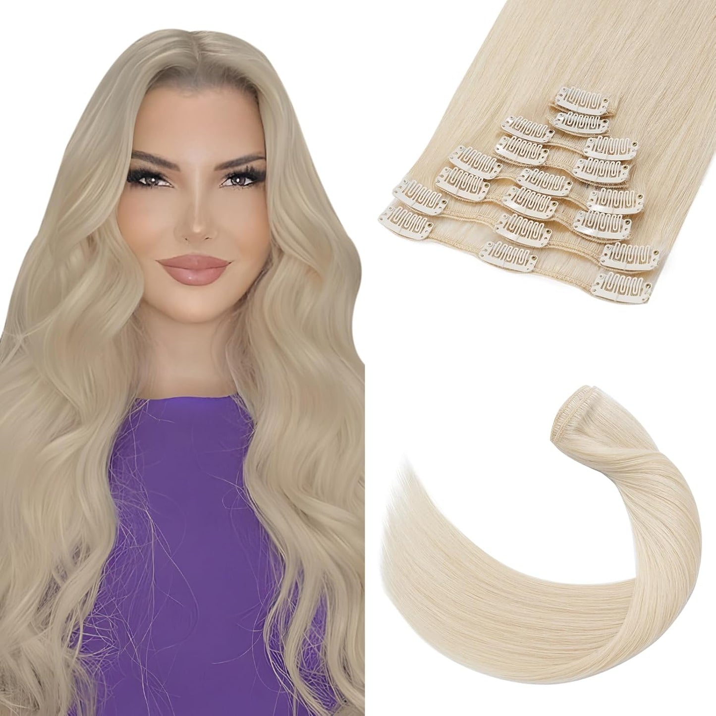 TESS Clip in Hair Extensions Real Human Hair Highlighted Remy Seamless 8 Pieces Straight Short for Women/Girls (#12P613 Golden Brown & Bleach Blonde, 10 Inch 50g)