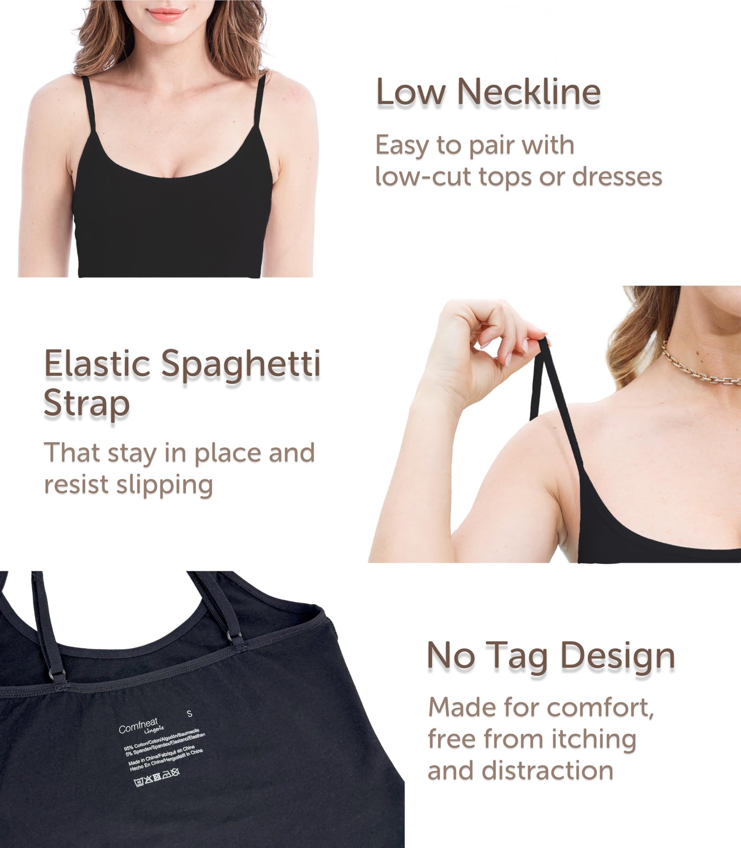 Comfneat Women's 4-Pack Slim-Fit Camisoles Adjustable Spaghetti Strap Cotton Top Undershirt