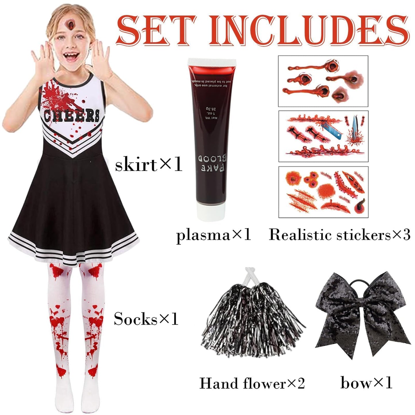 9PCS 130 yards/140 yards Cheerleader Outfit, Zombie Costume Cheerleader, Zombie Fancy Dress Outfit for Girls Girls' Cheerleader Uniform Outfits Womens Costume Cheerleader Costume Dress Outfit Kids
