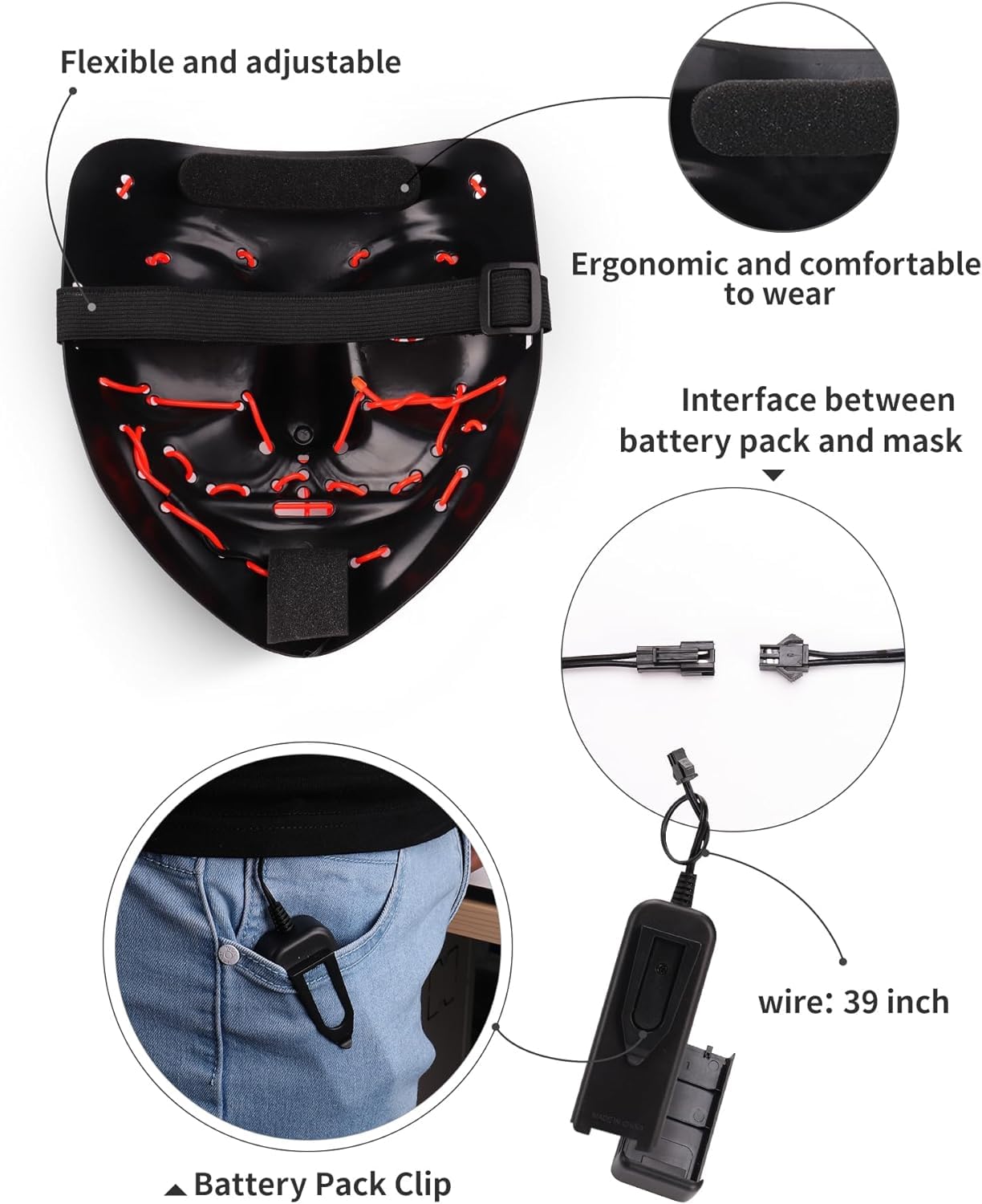 AnanBros Scary LED Halloween Mask, Light up Mask Cosplay, LED Rave Face Mask Costume 3 Lighting Modes, Halloween Face Masks for Men Women Kids