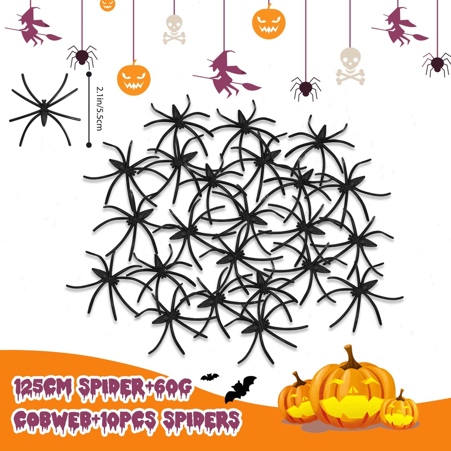 benpen Halloween Decorations Outdoor Gaint Spider:50'' Halloween Spiders Decor+10pcs Scary Hairy Fake Spiders+60g Cobweb Props for Indoor Outdoor Scary Haunted House Theme Party Yard