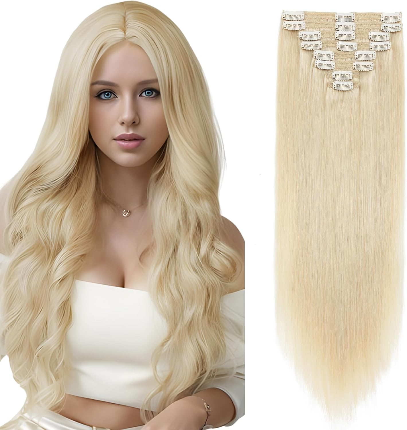 Elailite Clip in Hair Extensions Real Human Hair - 100% Remy Hair Straight 8 Pcs Thin Weft (#12/613 Golden Brown Mix Bleach Blonde, 10 Inch (50 g))