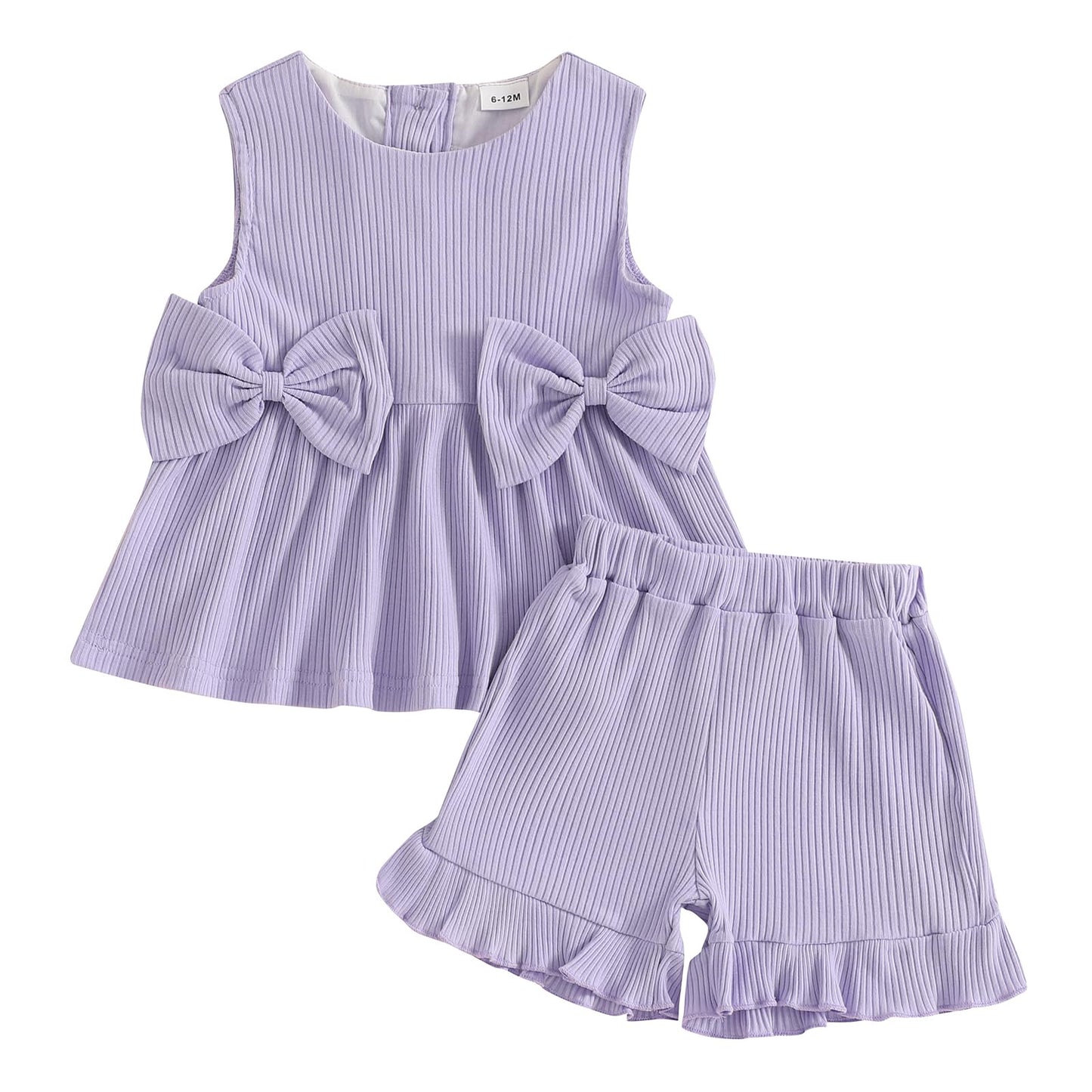 YILEEGOO Toddler Baby Girl Summer Outfits Cotton Baby Clothes Ribbed Sleeveless Bow Ruffled Tank Vest Shirt Tops with Shorts Set