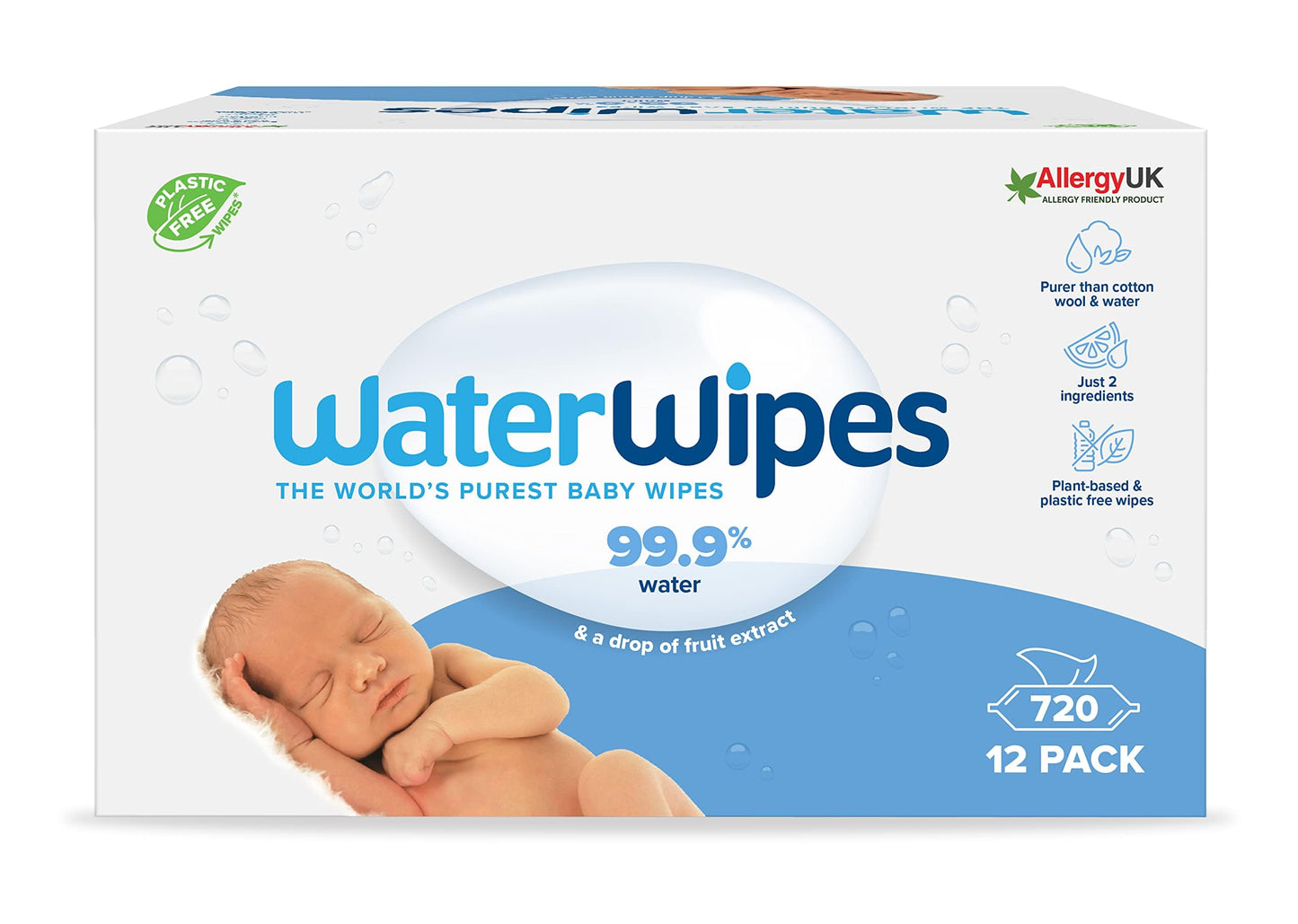 WaterWipes Original Baby Wipes, 720 Count (12 Packs), 99.9% Water, 3-In-1 Cleans, Cares, Protects, Unscented, Packaging May Vary